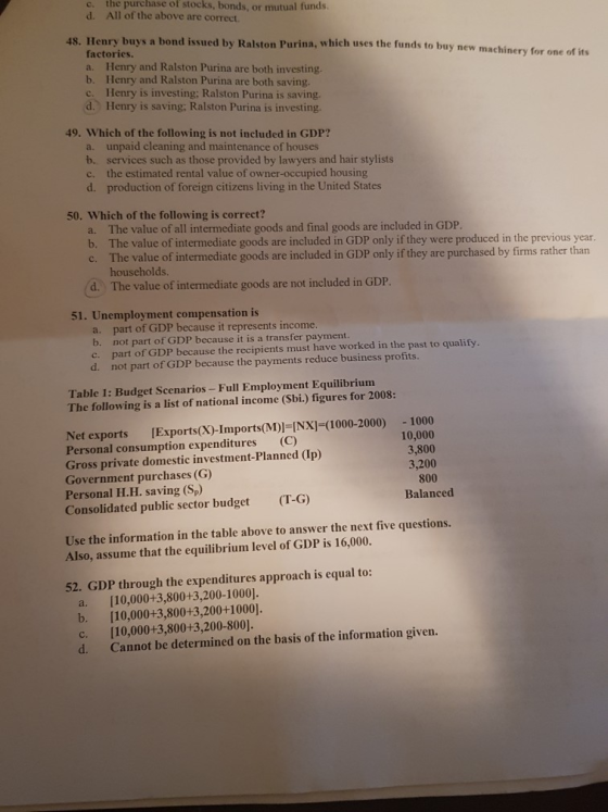 c. the purchase of stocks, bonds, or mutual funds. d. All of the above are correct. 48. Henry buys a bond issued by Ralston P