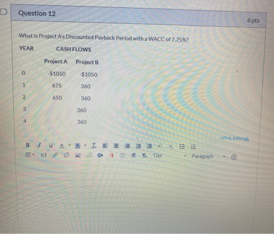 Question 12 6 pts What is Project As Discounted Payback Period with a WACC of 7.75%? YEAR CASH FLOWS Project A Project B O -