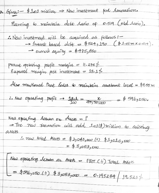 Dale 2. Givet:- $101 million → New investment Fak senovatione Planning to maintain debt ratio of 0.519 Cold ratio). 4 New inv