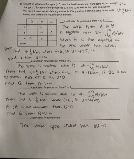 (C) (weight: 3) What are the signs (0.) of the heat transfers Q. work done W. and energy Lobo change Au for each of the proce
