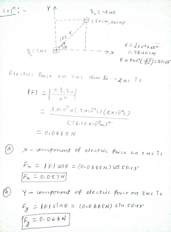 42 只 150cm) , 60cm) 二72.101m) Electic force on uc diu to 0.0285 N