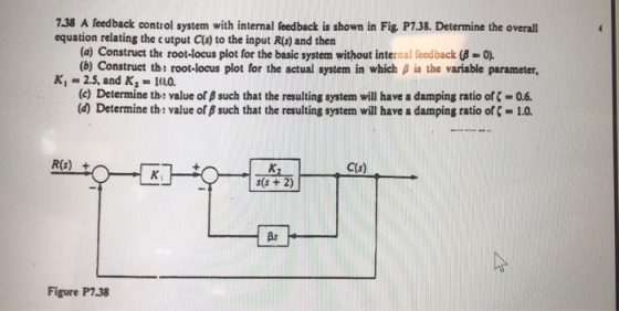 738 A leedback control system with internal feedback is shown in Fig P7.38. Determine the overall equation relating the cutput Cs) to the input Rs) and then (a) Construct the root-locus plot for the basic system without internal feedback (8-0 (b) Construct thi root-locus plot for the actual system in which β is the variable parameter, K, = 2.5, and Ka = 1(10. (e) Determine th: value of B such that the resulting system will have a damping ratio ofÇ -0.6. (d) Determine th: value of β such that the resulting system will have a damping ratio of:-1.0 C(s) s(s +2) Bs Figure P7.38