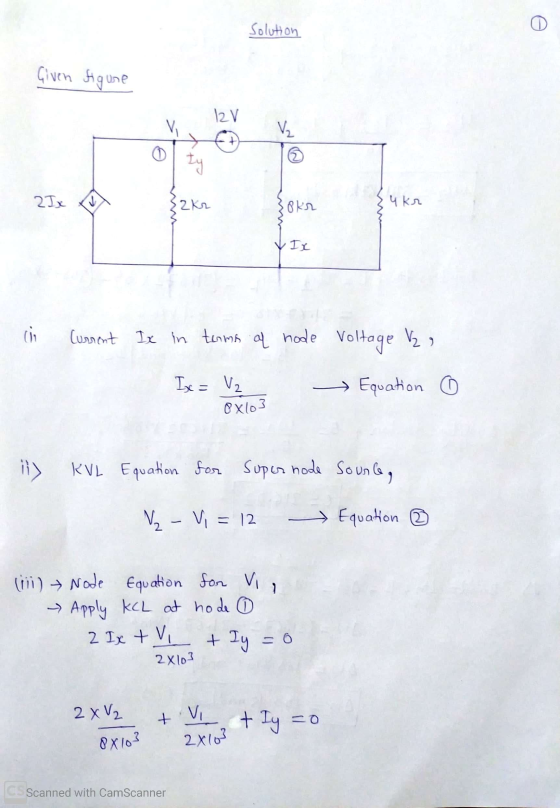 Ө solution Given figure 12V V₂ + ty 2 Ix 2 kr ok Чkл VIX oi Current Ix in terms of hode voltage V, Ix = V₂ 8x103 Equation o i