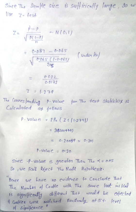 SinteTu Sample site ts suHfercntry lange , so w Use 7-test 0087-06 ( undir H。 065 CI-0065 0022. O-0172 1-279 The Corones pon ding P- value fon Tu test Stalks heg iš Coleulated a otews p. value -1 Pn ( Z | 1279 = o. 20081~ 0.201 p-valu e = o, 20 Since -p-Value ts ghealu Than The- oes So ,we Fal Rject The Nule Hypo Hesiz Hence we have no evidence to Concludte Thał The Nunmi of Couble with The Same last tni a is signi ficandy Couiplee une malched Pandanly af5 fevel andom significance ty