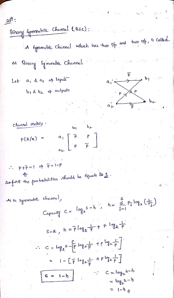 Sde Binary Symmetric Channel. Lesc): A symmetric channel which has two lp and two orp, is called Binary symmetic Channel Let