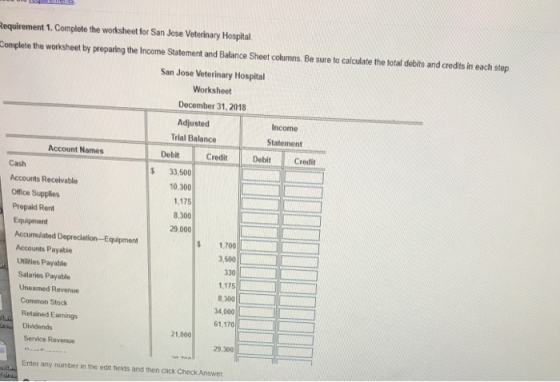 quirement 1. Complete the worksheet for San Jose Veterinary Hospital omplete the worksheet by preparing the Income Statement