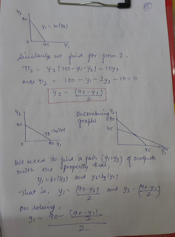 ir ao yir biLY) o us y Similarly we find for firm 2. - Y2 (100-41-42) - 1042 max t = 100-14, - 24 – 1000 Y 2 = (90-4) 2 Oncom