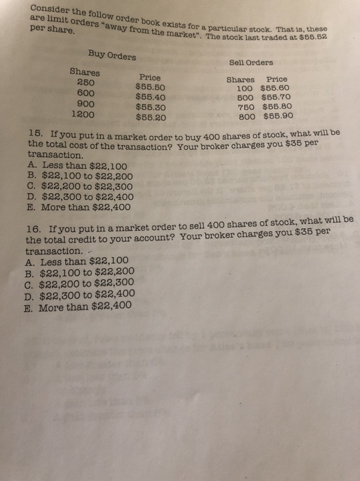 Consider the follow order be are limit orders away from the market. How order book exists for a particular stock. per share.