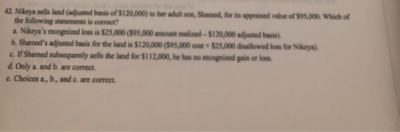 42. Nikeya sells land (adjusted basis of $ 120,000) to her adult son, Shamed, for its appraised value of $95,000. Which of th