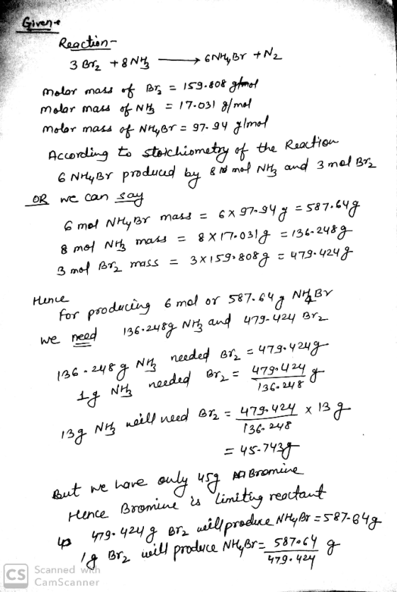Given Reaction 3 G 8 N GNH,,Br N molar mass fN = 17.03) 8/ml motor mass o NHy8T= g7. Iy glmol According to staichiomety f the