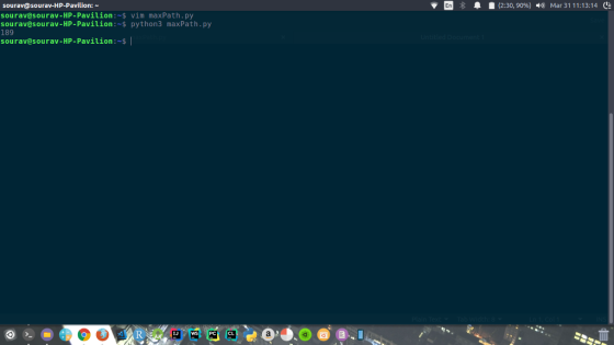 En] sourav@sourav-HP-Pavilion: sourav@sourav-HP-Pavilion- vim maxPath.py sourav@sourav-HP-Pavilion-$ python3 maxPath.py 189 s