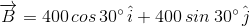overrightarrow{B} = 400 , cos , 30^{circ} , hat{i} + 400 , sin , 30^{circ} , hat{j}