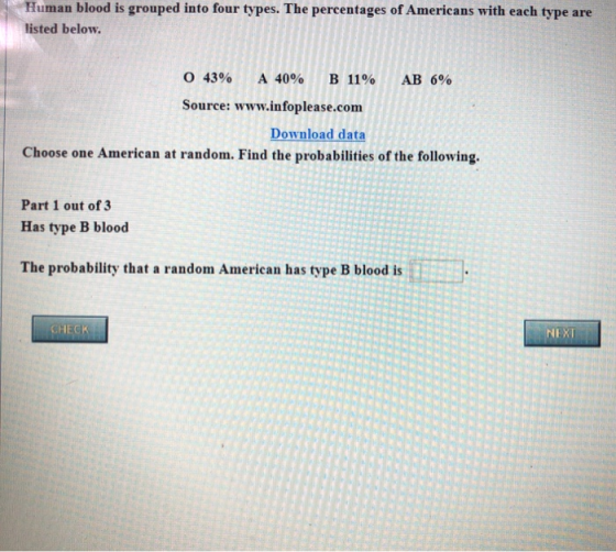 Human blood is grouped into four types. The percentages of Americans with each type are listed below. 0 43% A 40% B 11% AB 6%