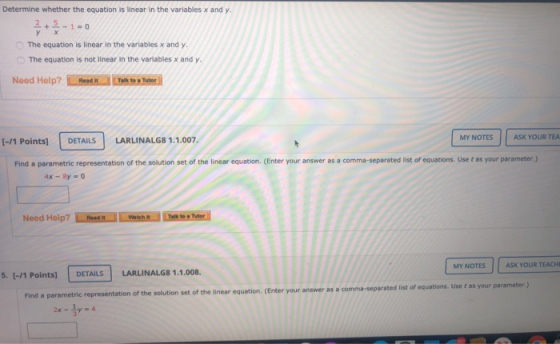 Determine whether the equation is linear in the variables x and y. у The equation is linear in the variables x and y. The equ