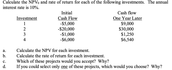 Calculate the NPV, and rate of return for each of the following investments. The annual interest rate is 10%. Initial Cash fl
