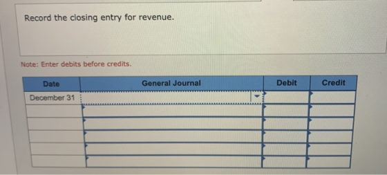 Record the closing entry for revenue. Note: Enter debits before credits. General Journal Debit Credit Date December 31