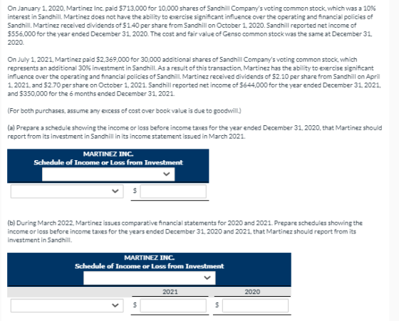 On January 1, 2020, Martinez Inc. paid $713,000 for 10,000 shares of Sandhill Companys voting common stock, which was a 10%