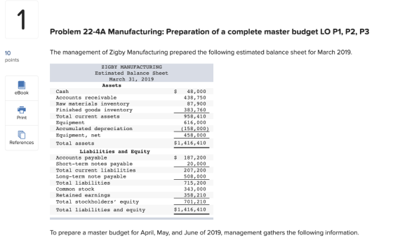 Problem 22-4A Manufacturing: Preparation of a complete master budget LO P1, P2, P3 The management of Zigby Manufacturing prep