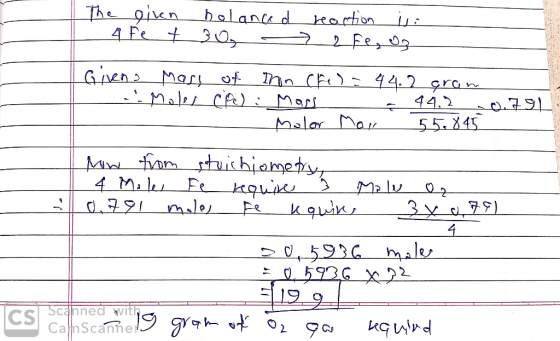 The given holanced 4fet 30 reaction is. 2Fe, oz Givens Mass of Iron Chela 44.2 gram -. Moles (Pe): Mass 44,2 10.791 - Molor