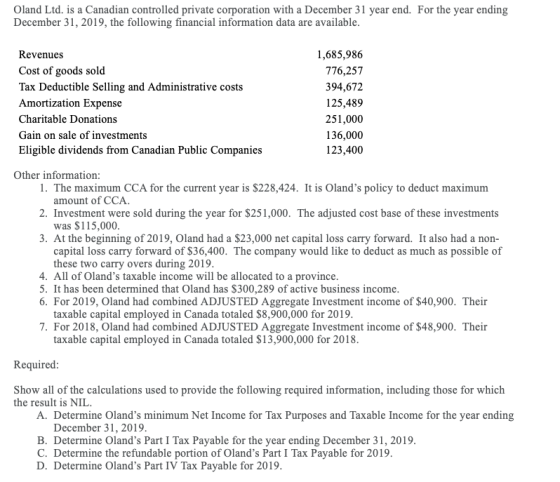 Oland Ltd. is a Canadian controlled private corporation with a December 31 year end. For the year ending December 31, 2019, t