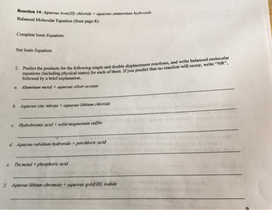 Reaction 14: Aqueous iron(II) chloride + aqueous ammonium hydroxide Balanced Molecular Equation (from page 8): Complete lonic