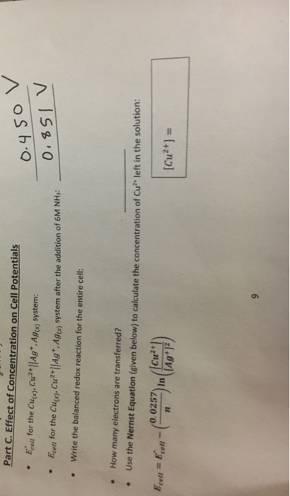 Part C. Effect of Concentration on Cell Potentials • Ecall for the Cu(s). Cu2+||Ag*, Ag(s) system: 0.450 V 0,851 v • Ecate fo