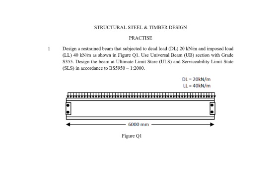 STRUCTURAL STEEL & TIMBER DESIGN PRACTISE 1 Design a restrained beam that subjected to dead load (DL) 20 kN/m and imposed loa