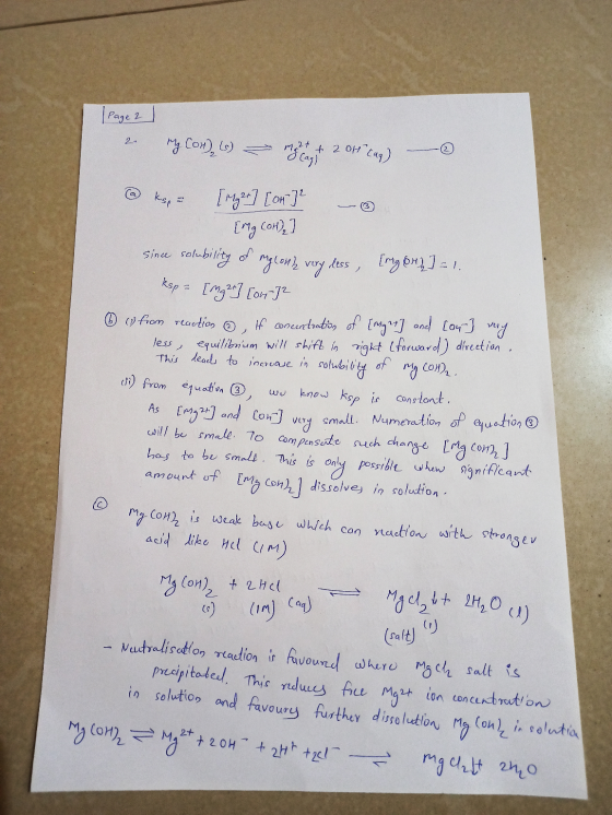 Page 2 / molt int 2 01Can) — - 3 * Com). 6) = @ ksp = [gr] [on]² {Mg Cohe] since solubility of glong very less, [mg 6H2] = 1