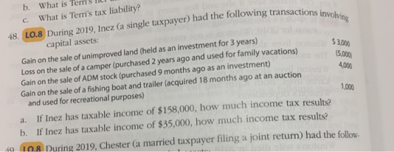 b. What is Terris Tet What is Terris tax liability? C. 48. LO.8 During 2019, Inez (a single taxpayer) had the following tran