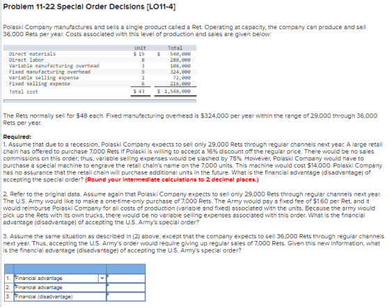 Problem 11-22 Special Order Decisions [LO11-4] Polaski Company manufactures and sells a single product called a Ret. Operatin