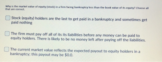 Why is the market value of equity (stock) in a firm facing bankruptcy less than the book value of its equity? Choose all that