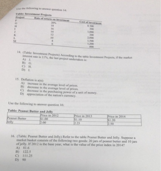 UIse the following to answer question 14 Table: Investment Projects Preject Rate of returs on investment Coest of lnvest ment
