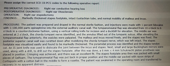 Please assign the correct ICD-10-PCS codes to the following operative report: PREOPERATIVE DIAGNOSIS: Right ear conductive he