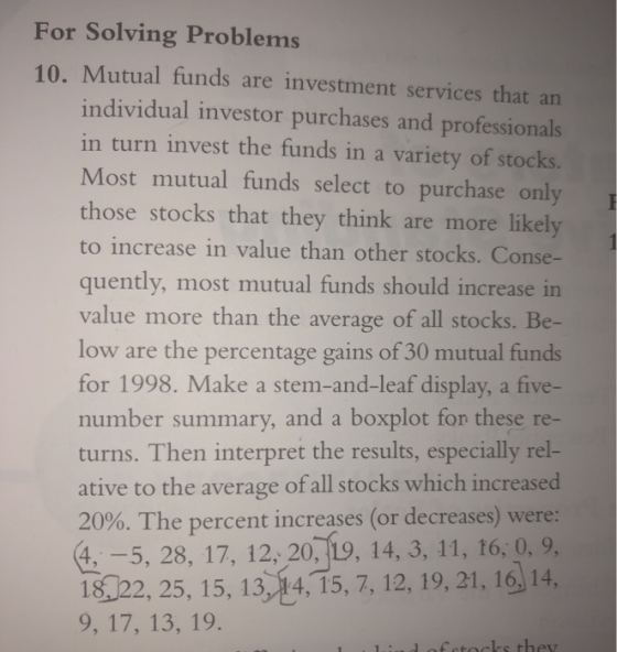 For Solving Problems 10. Mutual funds are investment services that an individual investor purchases and professionals in turn invest the funds in a variety of stocks. Most mutual funds select to purchase only those stocks that they think are more likely to increase in value than other stocks. Conse- quently, most mutual funds should increase in value more than the average of all stocks. Be- low are the percentage gains of 30 mutual funds for 1998. Make a stem-and-leaf display, a five- number summary, and a boxplot fon these re- turns. Then interpret the results, especially rel- ative to the average of all stocks which increased 20%. The percent increases (or decreases) were: 4,-5, 28, 17, 12, 20, 19, 14, 3, 11, t6, 0, 9, 18022, 25, 15, 13, 14,15, 7, 12, 19, 21, 16 14 9, 17, 13, 19.