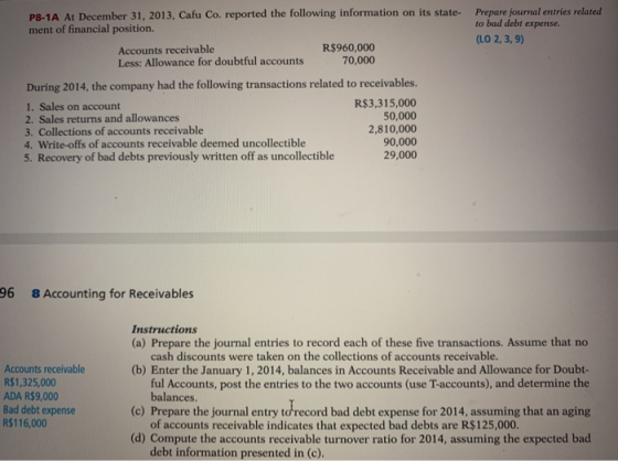 Prepare journal entries related to bad debt expense. (LO 2, 3,9) P8-1A At December 31, 2013, Cafu Co. reported the following