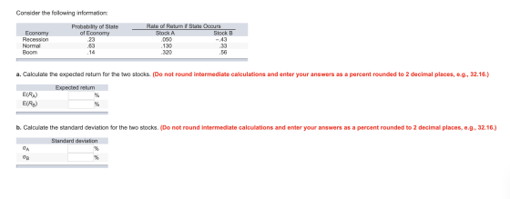 Consider the following information: STOCK D Economy Recession Normal Boom Probability of State of Economy .23 .63 .14 Rate of