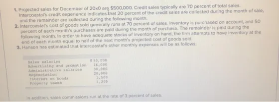 1. Projected sales for December of 20x0 are $500,000. Credit sales typically are 70 percent of total sales. Intercoastals cr