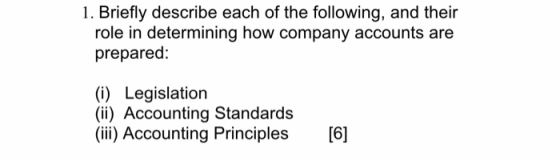 1. Briefly describe each of the following, and their role in determining how company accounts are prepared: (i) Legislation (