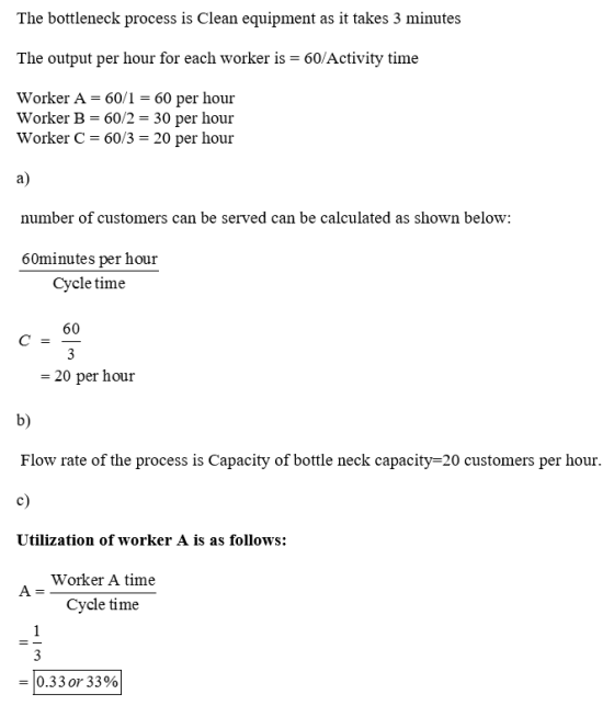 The bottleneck process is Clean equipment as it takes 3 minutes The output per hour for each worker is 60/Activity time Worker A- 0/1 60 per hour Worker B-60/2 30 per hour Worker C 60/3 20 per hour a) number of customers can be served can be calculated as shown below: 60minutes per hour Cycle time 60 20 per hour b) Flow rate of the process is Capacity of bottle neck capacity-20 customers per hour. c) Utilization of worker A is as follows: Worker A time Cycle time -0.33 or 33%