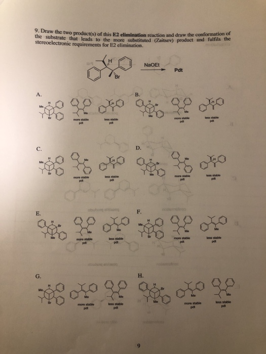 9. Draw the two products of this 2 elimination rection and draw the conformation o the substrate that leads to the more subst