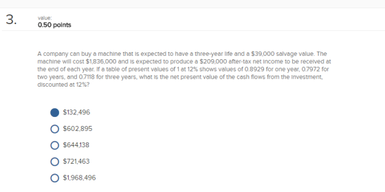 value 0.50 points A company can buy a machine that is expected to have a three-year life and a $39,000 salvage value. The machine will cost $1,836,000 and is expected to produce a $209,000 after-tax net Income to be recelved at the end of each year. If a table of present values of 1 at 12% shows values of 0.8929 for one year, 0.7972 for two years, and 0.7118 for three years, what is the net present value of the cash flows from the Investment discounted at 12%? $132,496 $602,895 O $644,138 O $721,463 O $1,968,496