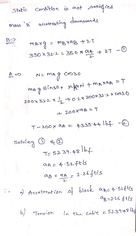 Static Condition is not satisfied downwards accelerating man B-7 MB og = mBxaB +25 350 x 32•2 - 350 * 94 + 2T -0 2 A NamĄ Cos