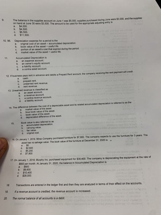 The balance in the supplies account on June 1 was $5. 00 sulis purchased during June were $3,000, and the supplies on hand at