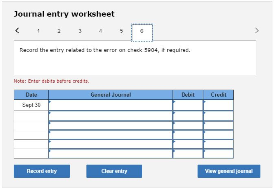Journal entry worksheet Record the entry related to the error on check 5904, if required. Note: Enter debits before credits.