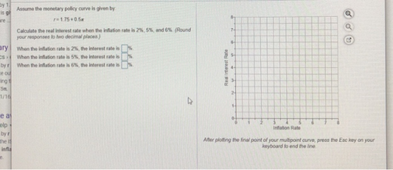 is gli Assume the monetary policy curve is given by 1.75 +0.5% Calculate the real interest rate when the inflation rate is 2%