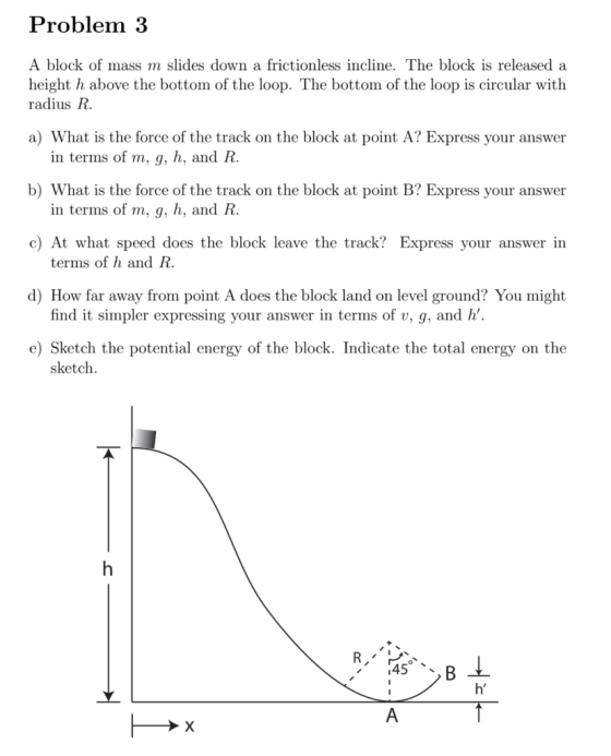 Problem 3 A block of mass m slides down a frictionless incline. The block is released a height h above the bottom of the loop