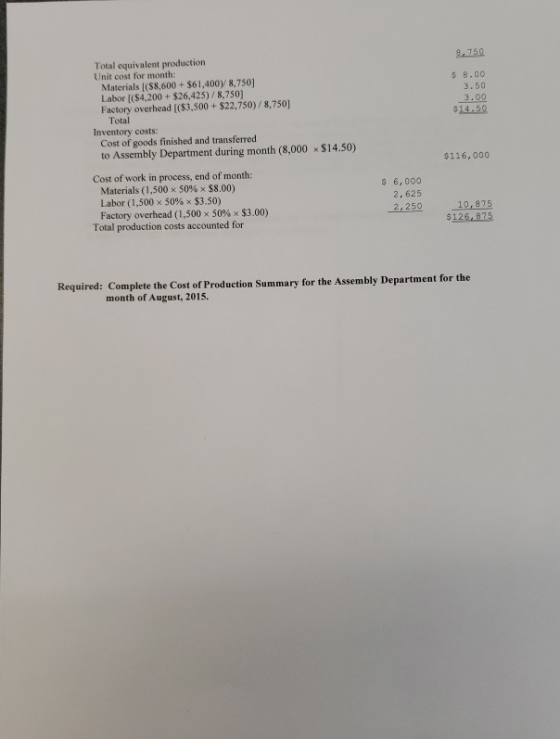 8.750 Total equivalent production Unit cost for month: Materials (88,600 + $61,40078,750] Labor ($4,200 + $26,425)/8,750) Fac