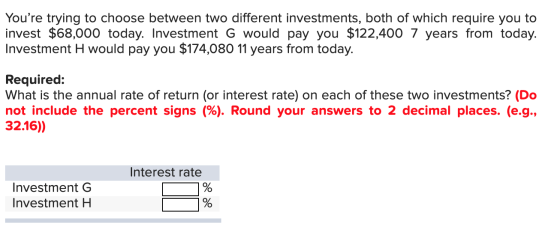 Youre trying to choose between two different investments, both of which require you to invest $68,000 today. Investment G wo