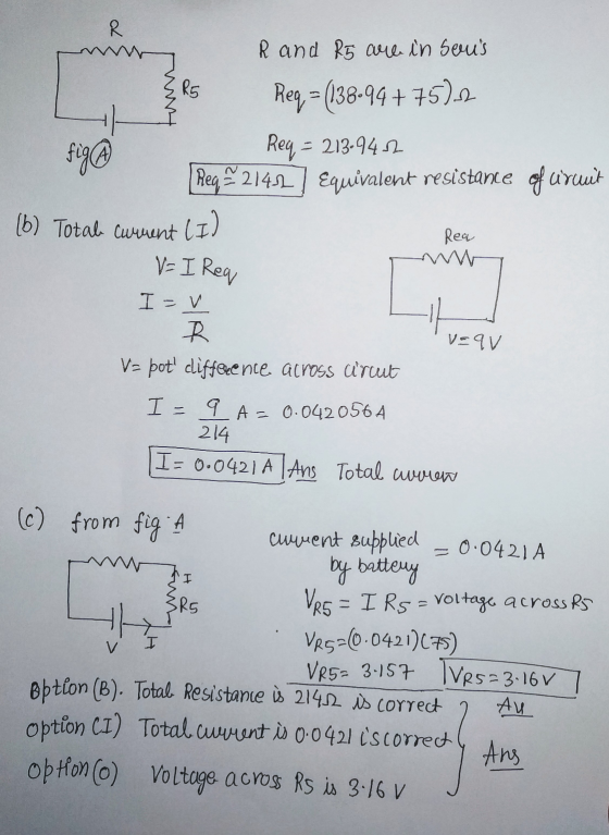 R R and R5 are in seus R5 Req = (138-94+75)2 Req = 213-94.2 Reg.22141] Equivalent resistance of arout (6) Total current (I)
