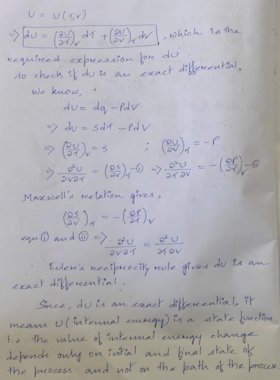 ssion fore du U=U (Tv) -> du = (2) dx + (au) dr, which is the requireed expreession fore du to check it du is an exact differ